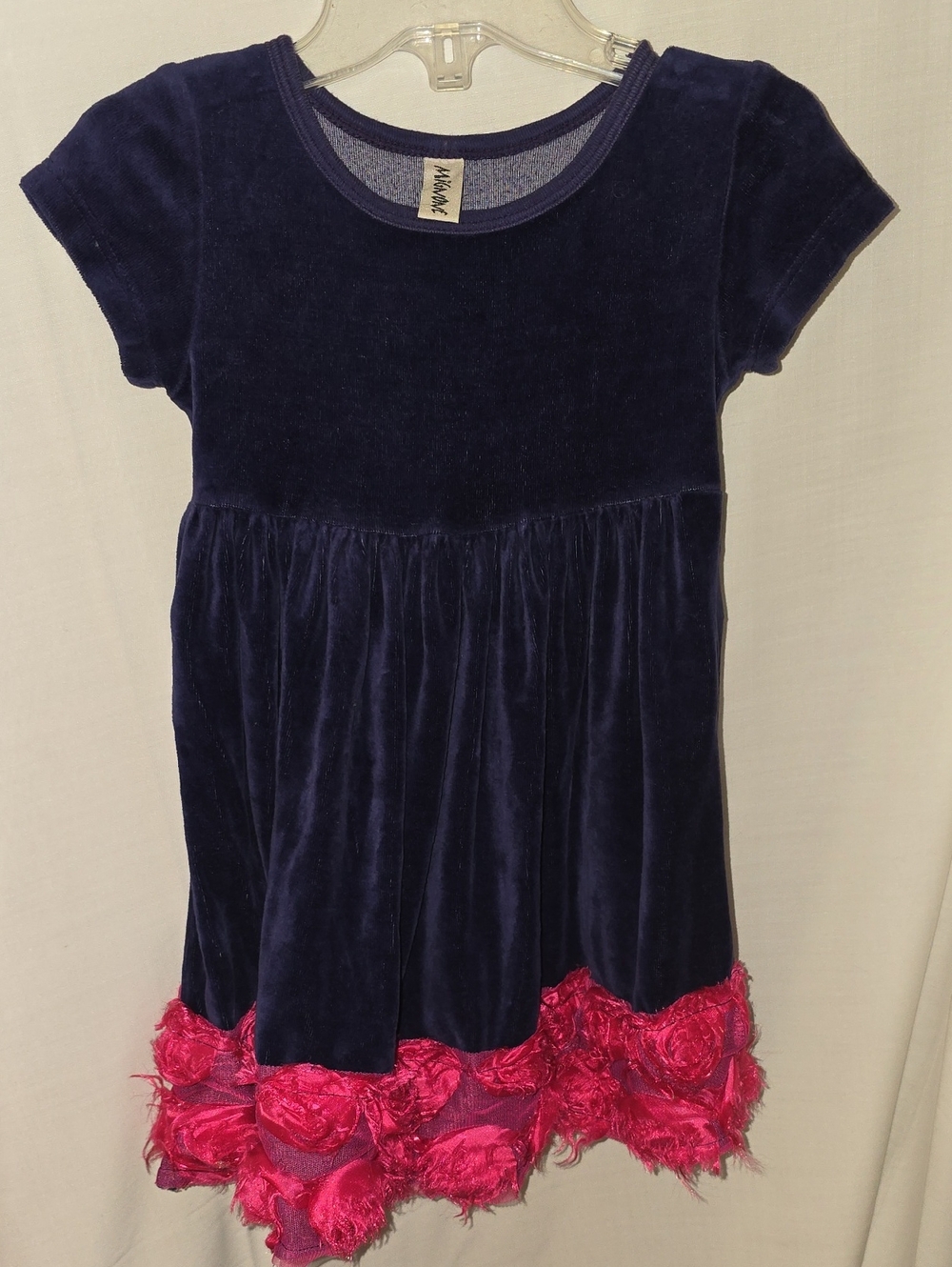 Mignone Navy Velvet Girls' 18 M Dress with Pink Rosette Hem